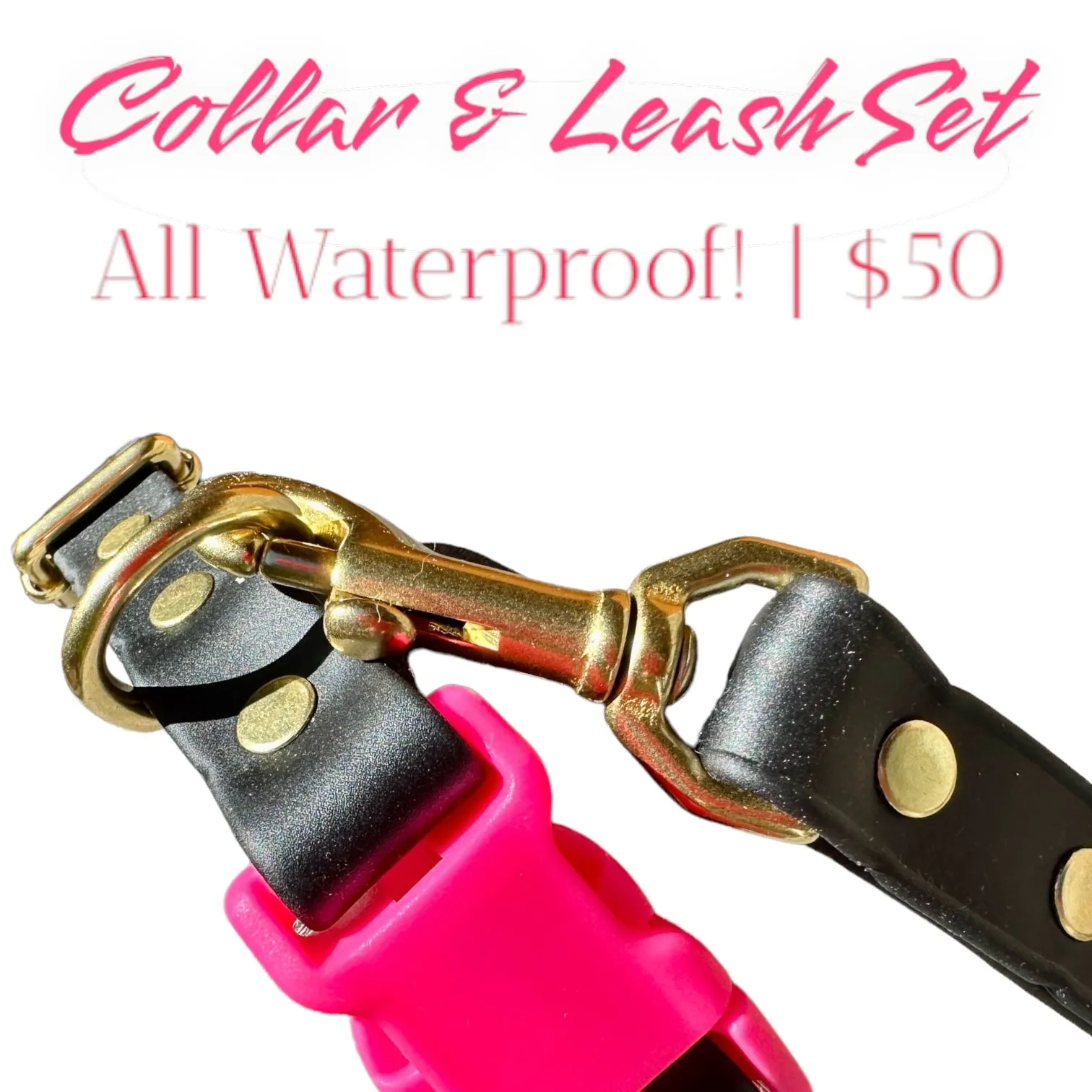 Adjustable Lightweight Biothane Quick Release Buckle Collar, All Waterproof w/Solid Brass Premium Hardware, Two-Tone Collar & Leash Set, Black and Hot Pink, Curated Collar and Leash Set