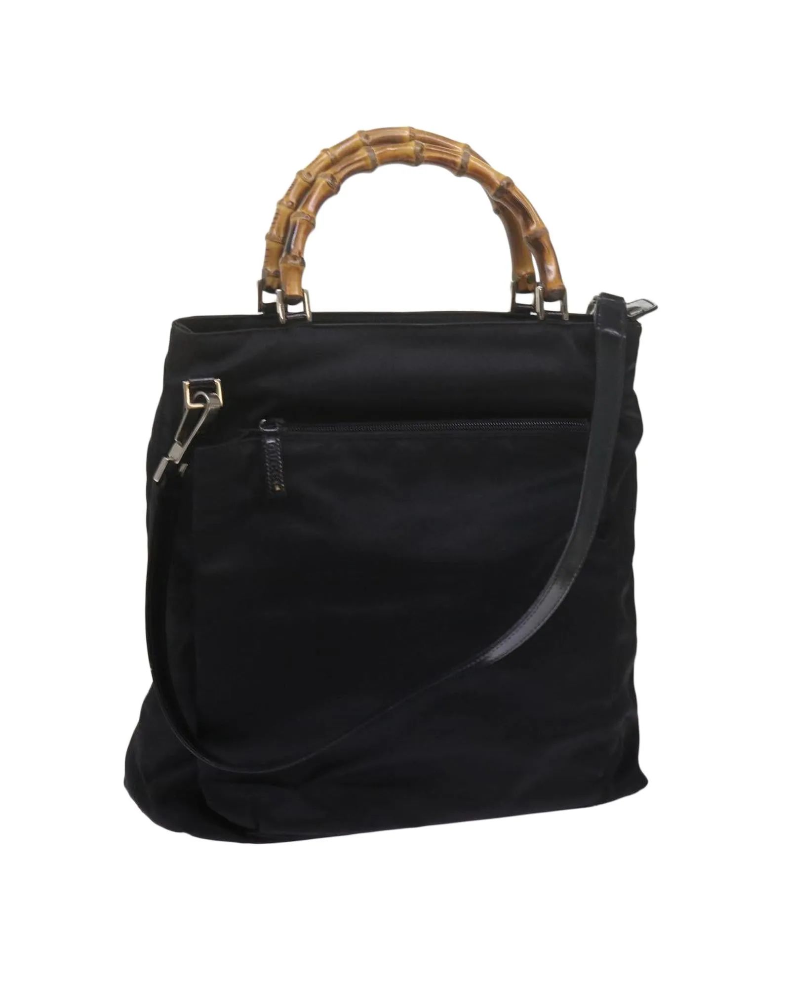 Black Nylon Shoulder Bag with Bamboo Detailing