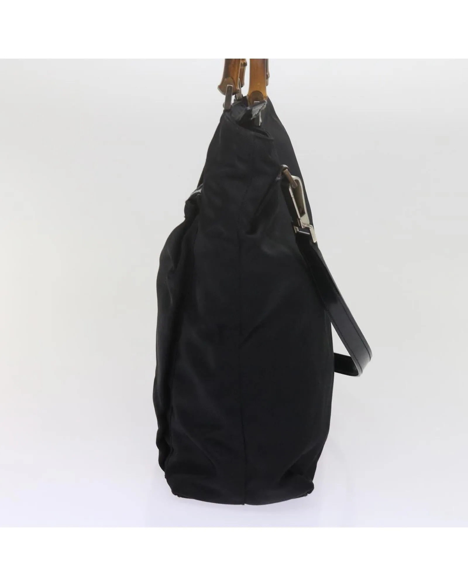 Black Nylon Shoulder Bag with Bamboo Detailing