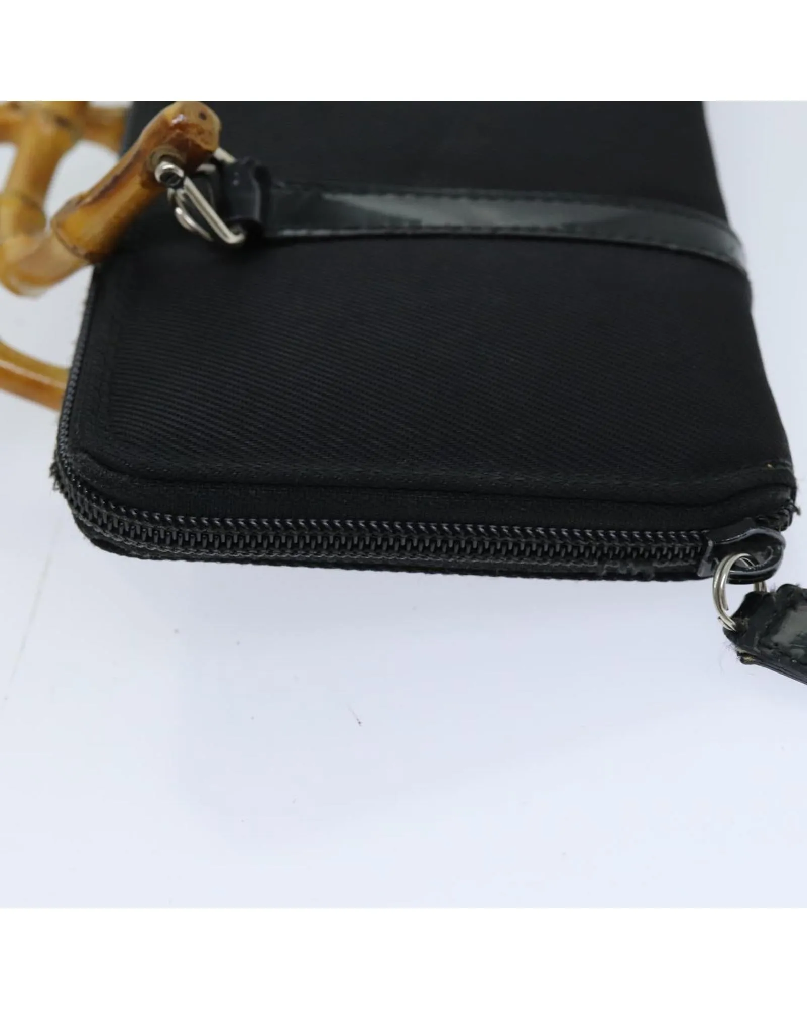 Black Nylon Shoulder Bag with Bamboo Handle and Shoulder Strap