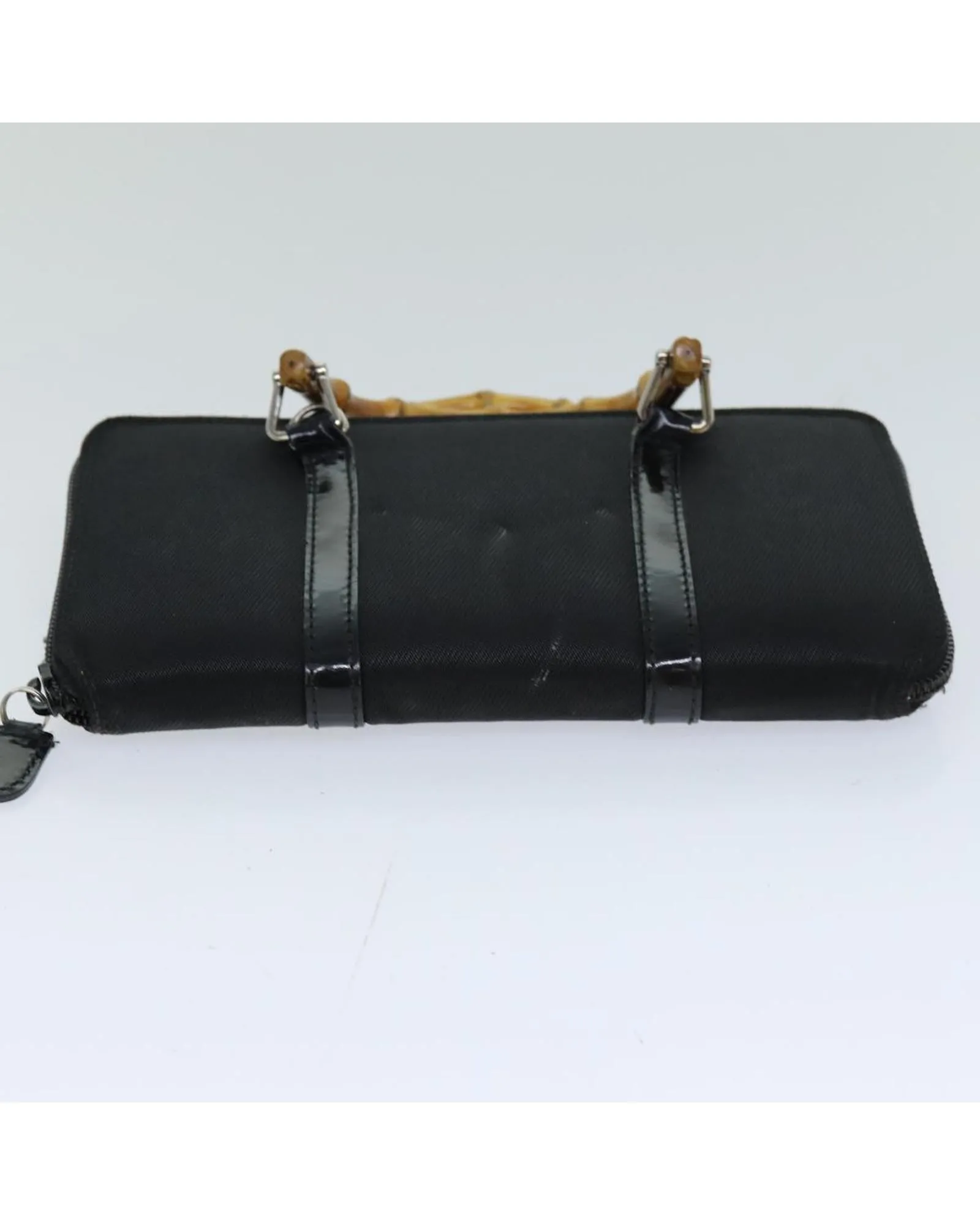 Black Nylon Shoulder Bag with Bamboo Handle and Shoulder Strap