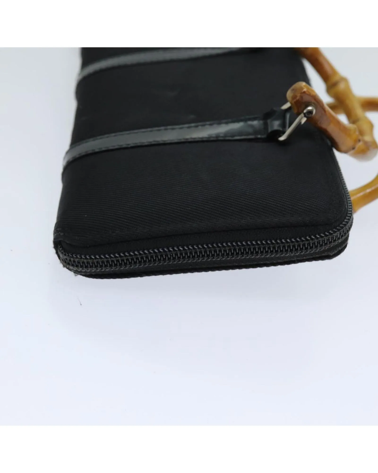 Black Nylon Shoulder Bag with Bamboo Handle and Shoulder Strap