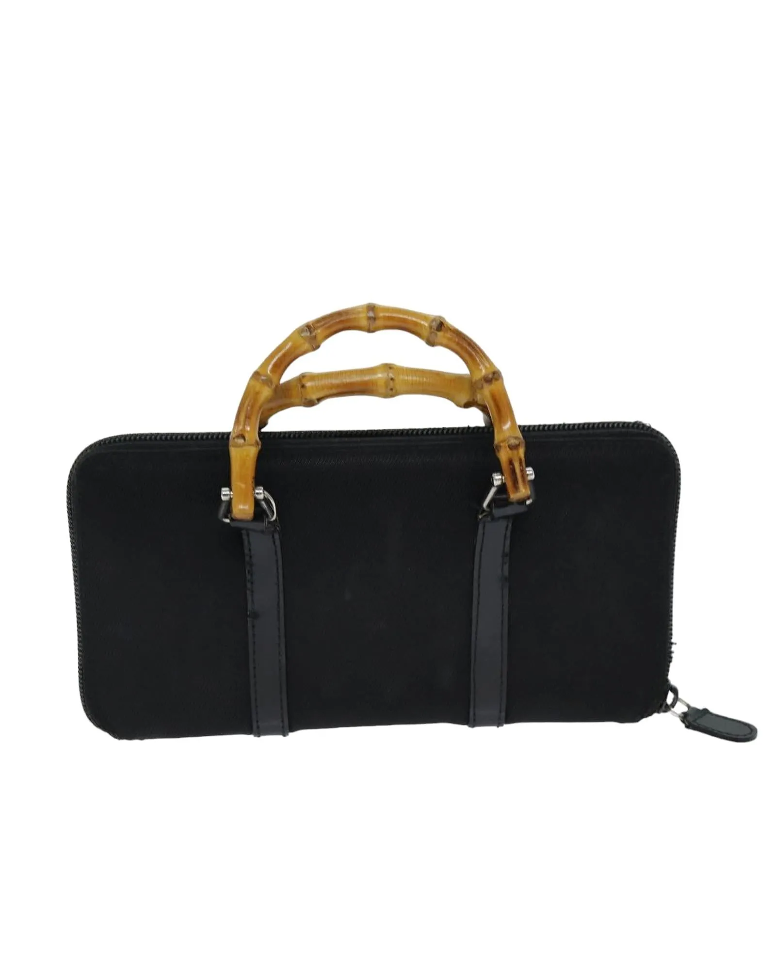 Black Nylon Shoulder Bag with Bamboo Handle and Shoulder Strap