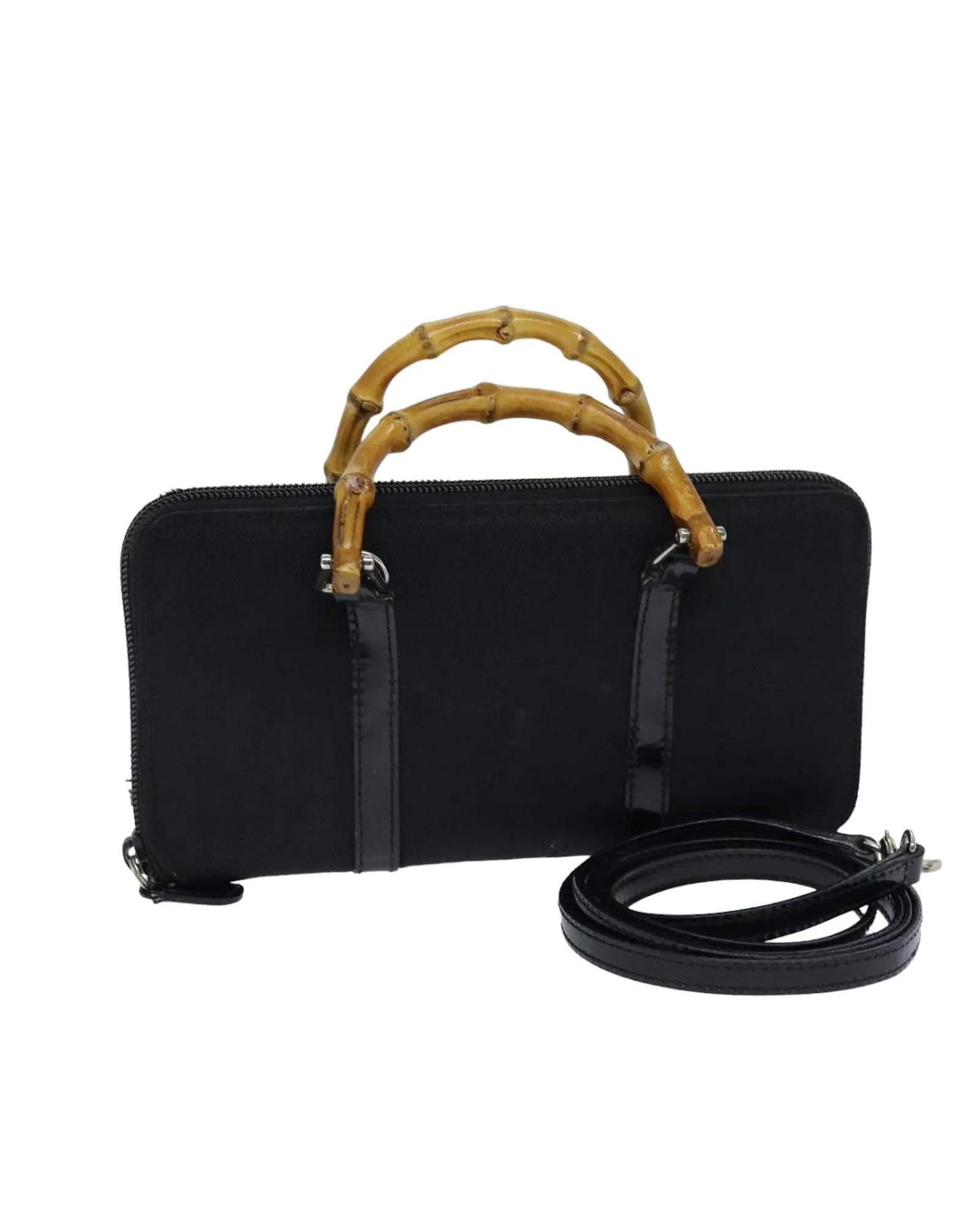 Black Nylon Shoulder Bag with Bamboo Handle and Shoulder Strap