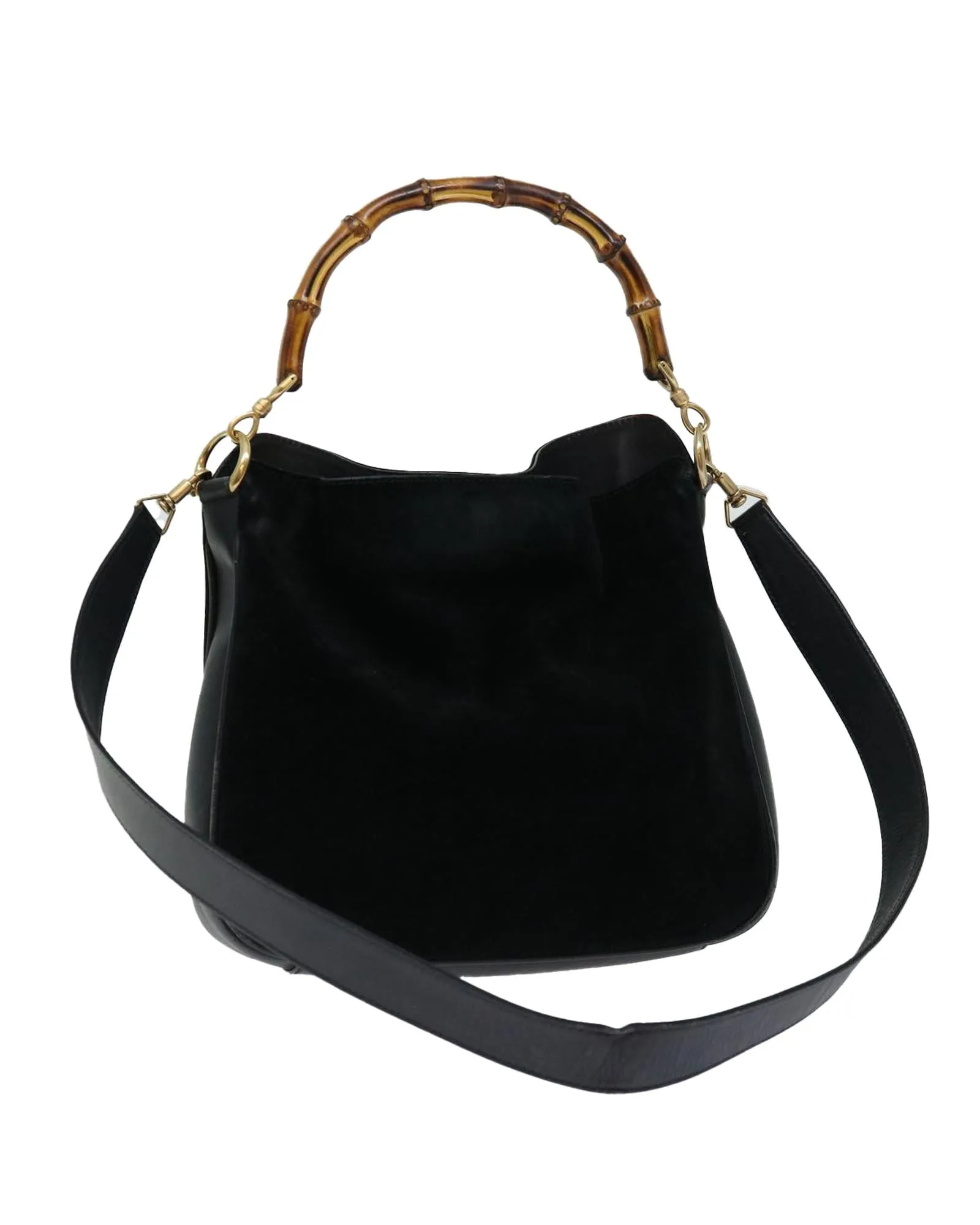 Black Suede Shoulder Bag with Bamboo Detailing