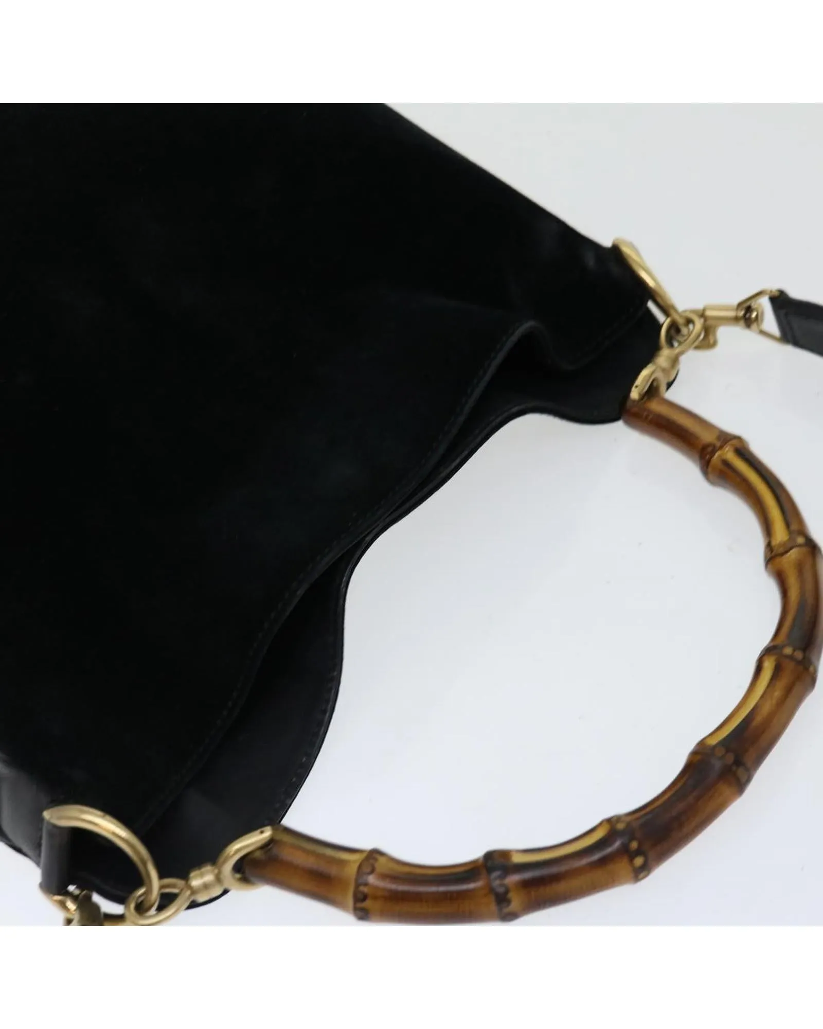 Black Suede Shoulder Bag with Bamboo Detailing