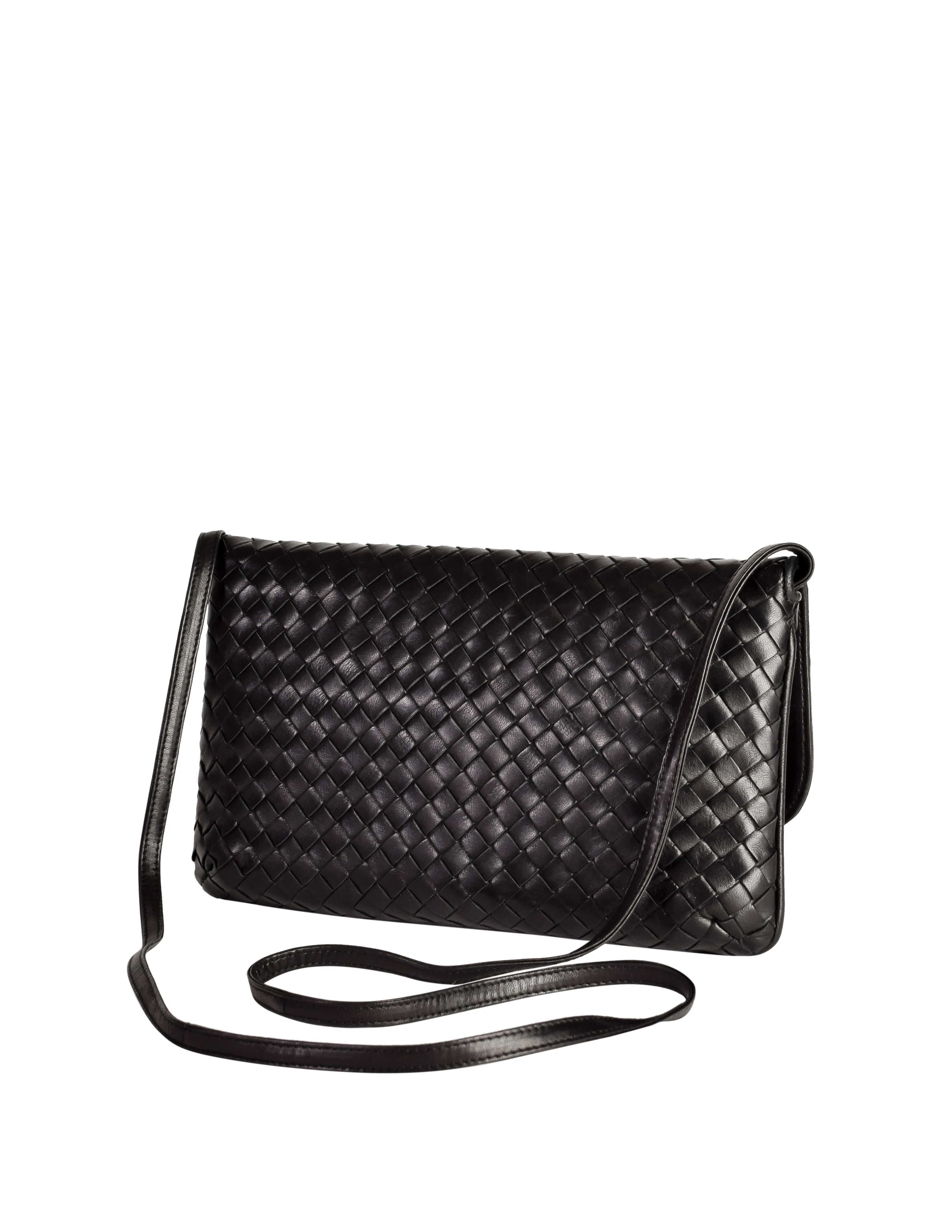 Bottega Veneta Vintage Intrecciato Woven Black Leather Crossbody Flap Bag