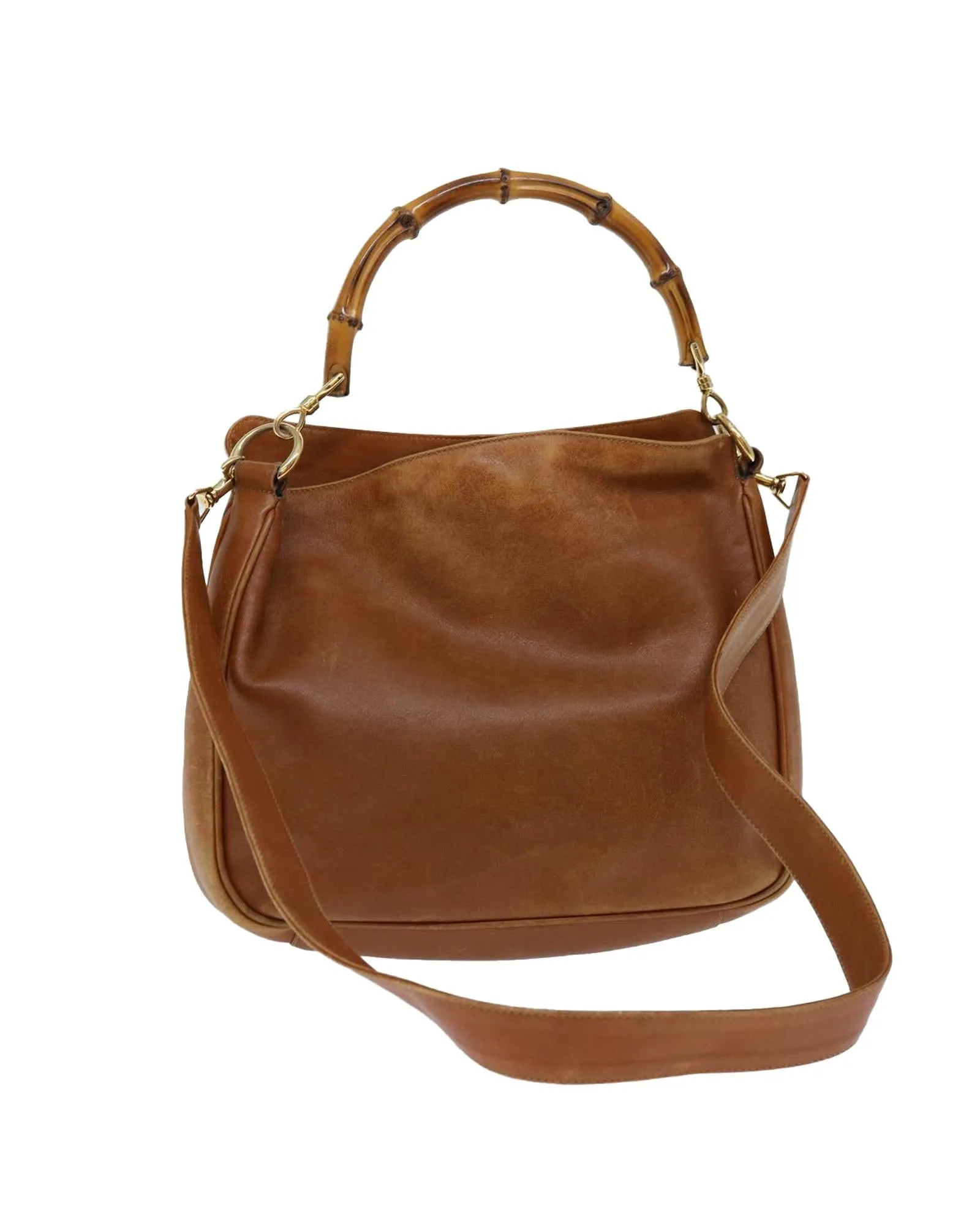 Brown Leather Shoulder Bag with Bamboo Details