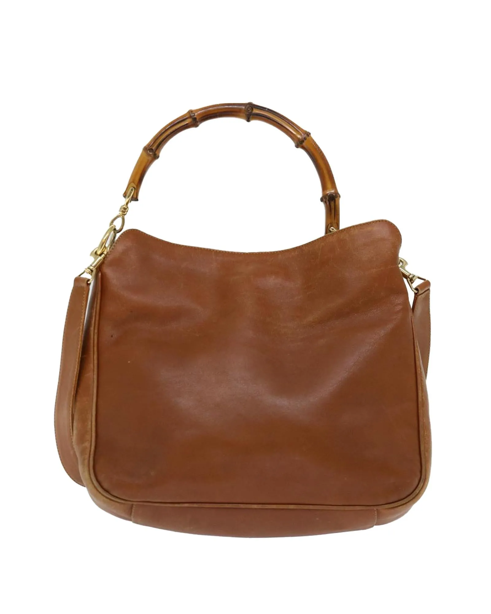 Brown Leather Shoulder Bag with Bamboo Details