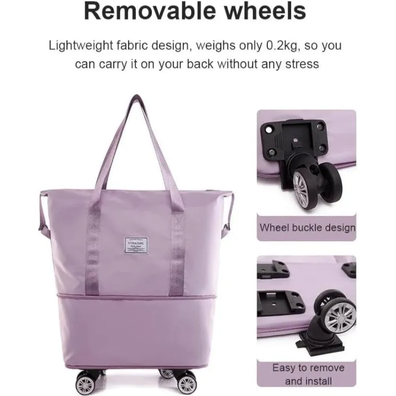 Expandable foldable duffel bag suitcase with Removable Wheels S -Purple