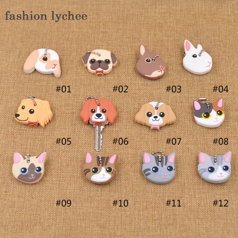 fashion lychee Cute Lovely Animal Keychain Soft Rubber Pug Cat Dog Rabbit Key Cover Cap Key Ring Bag Charms Key Chain Toys