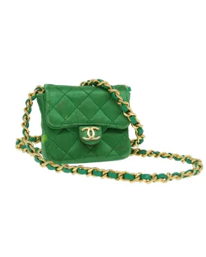 Green Satin Matelasse Shoulder Bag with Gold Chain