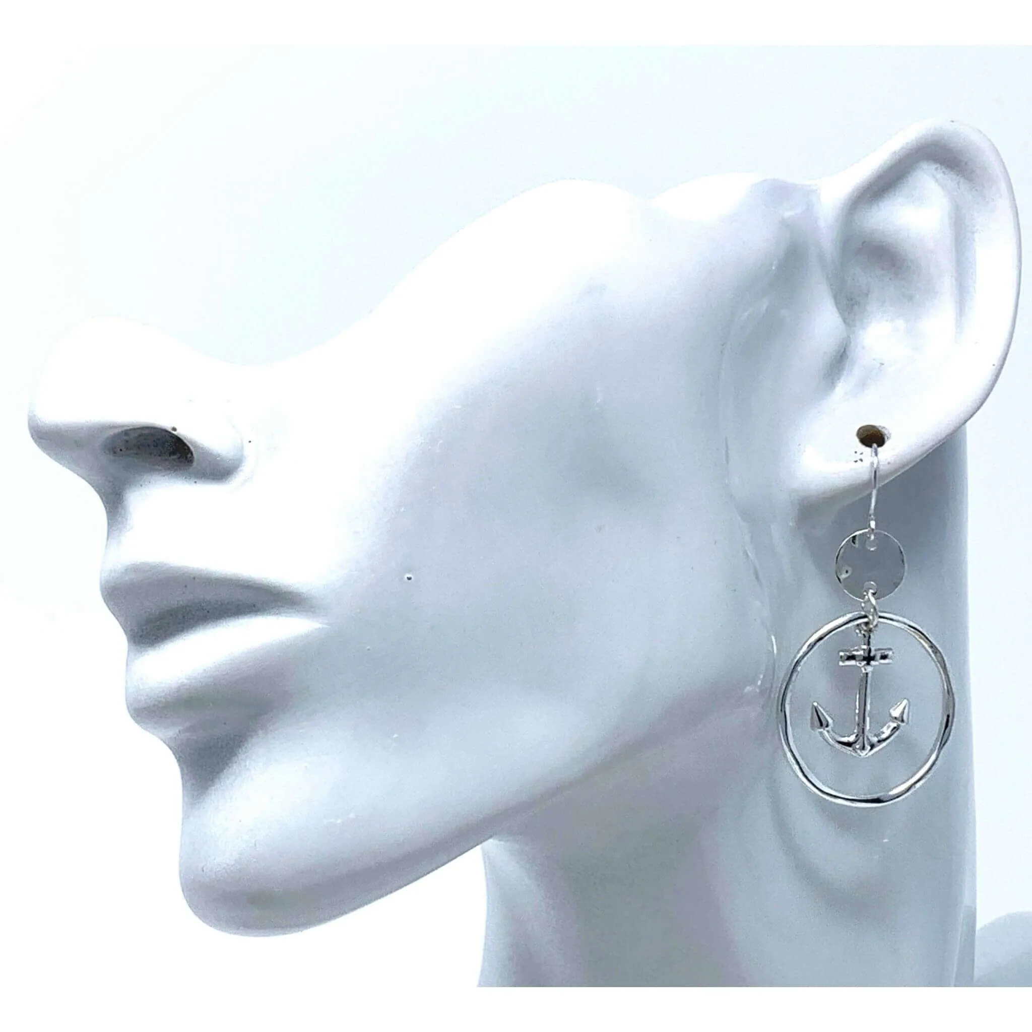 Hammered Silver Dangle Hoop Anchor Earrings