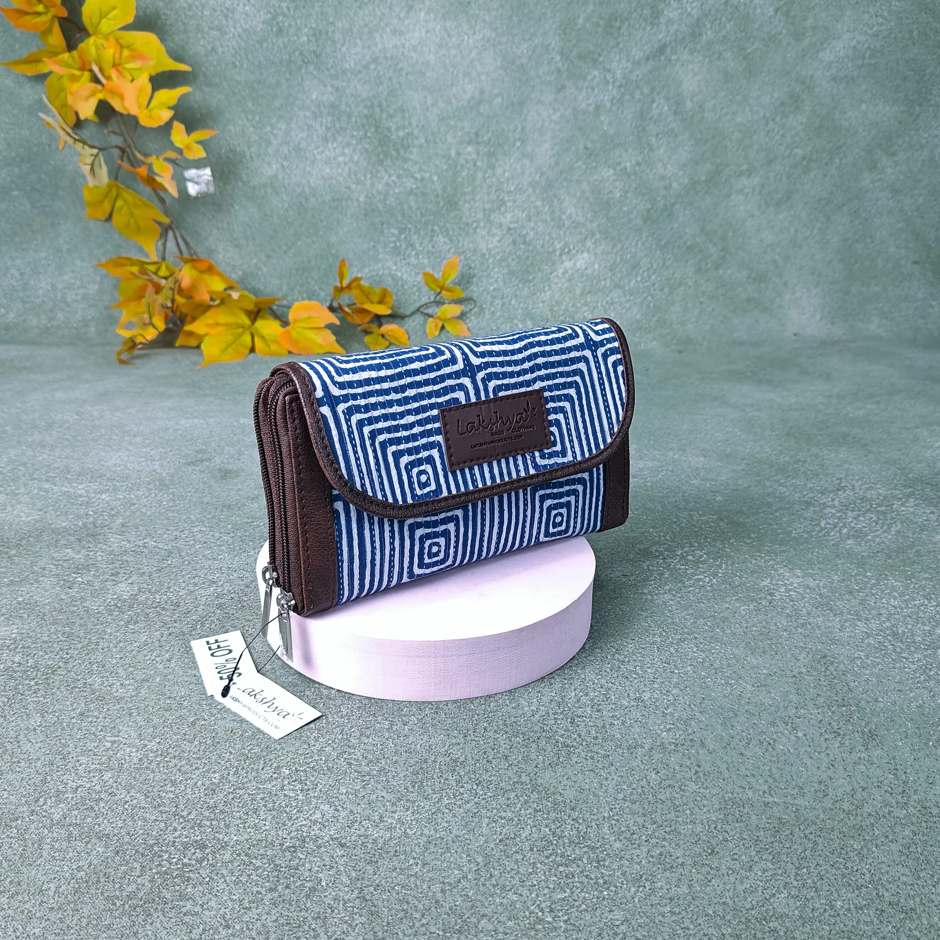 Handmade Wallets Blue with White Geometrical Prints