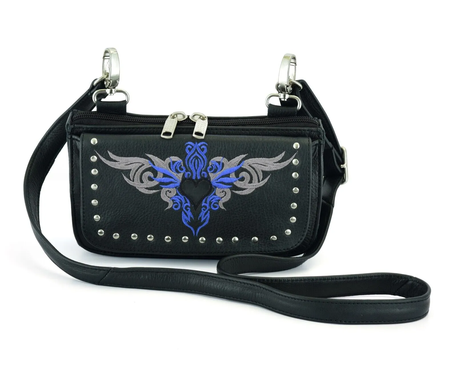 HL80156BLUE HipClip pouch tribal Heart Leather Bag Women Waist Bag BLUE Fanny Pack Motorcycle Biker Blue Embroidery