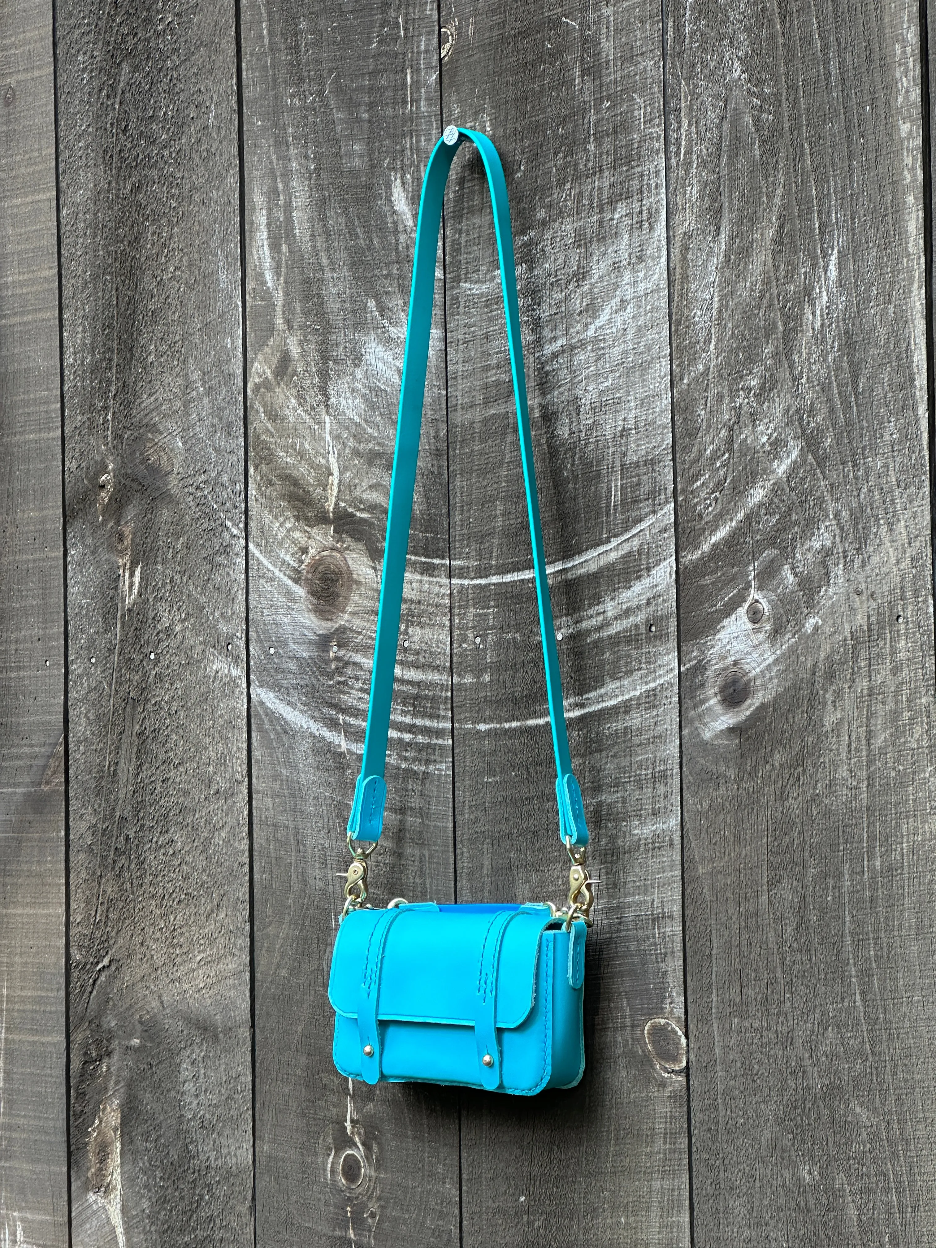 Italian Turquoise Mini Messenger Bag/Saddle Bag for iPhone w/Biothane   Leather Saddle Strap   Cross Body Strap, Heavy Solid Brass