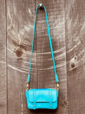 Italian Turquoise Mini Messenger Bag/Saddle Bag for iPhone w/Biothane   Leather Saddle Strap   Cross Body Strap, Heavy Solid Brass