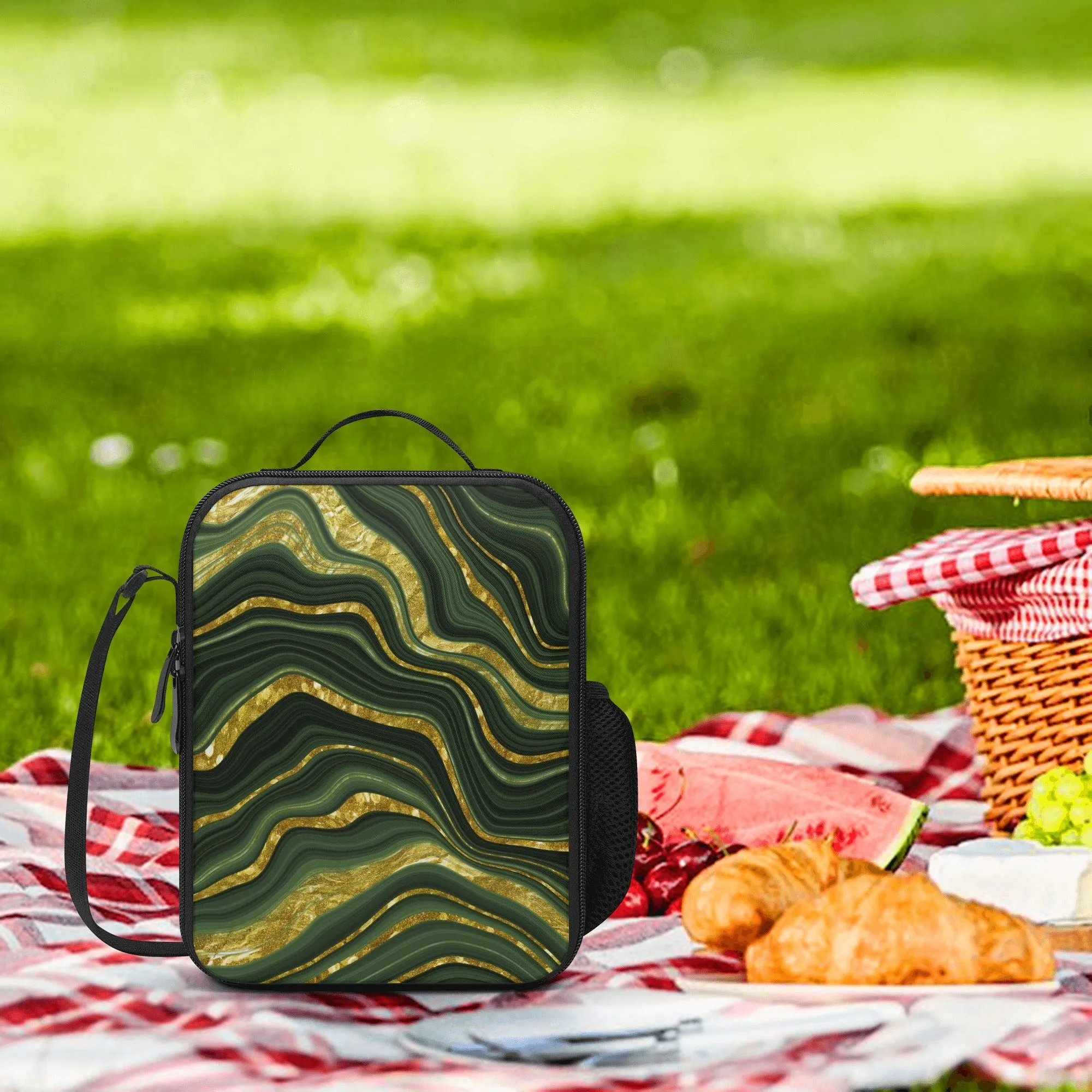 Lunch Bag-All-Over Print-Lunch Box Bag with Bottle Holder-Spacious-Green Marble Print