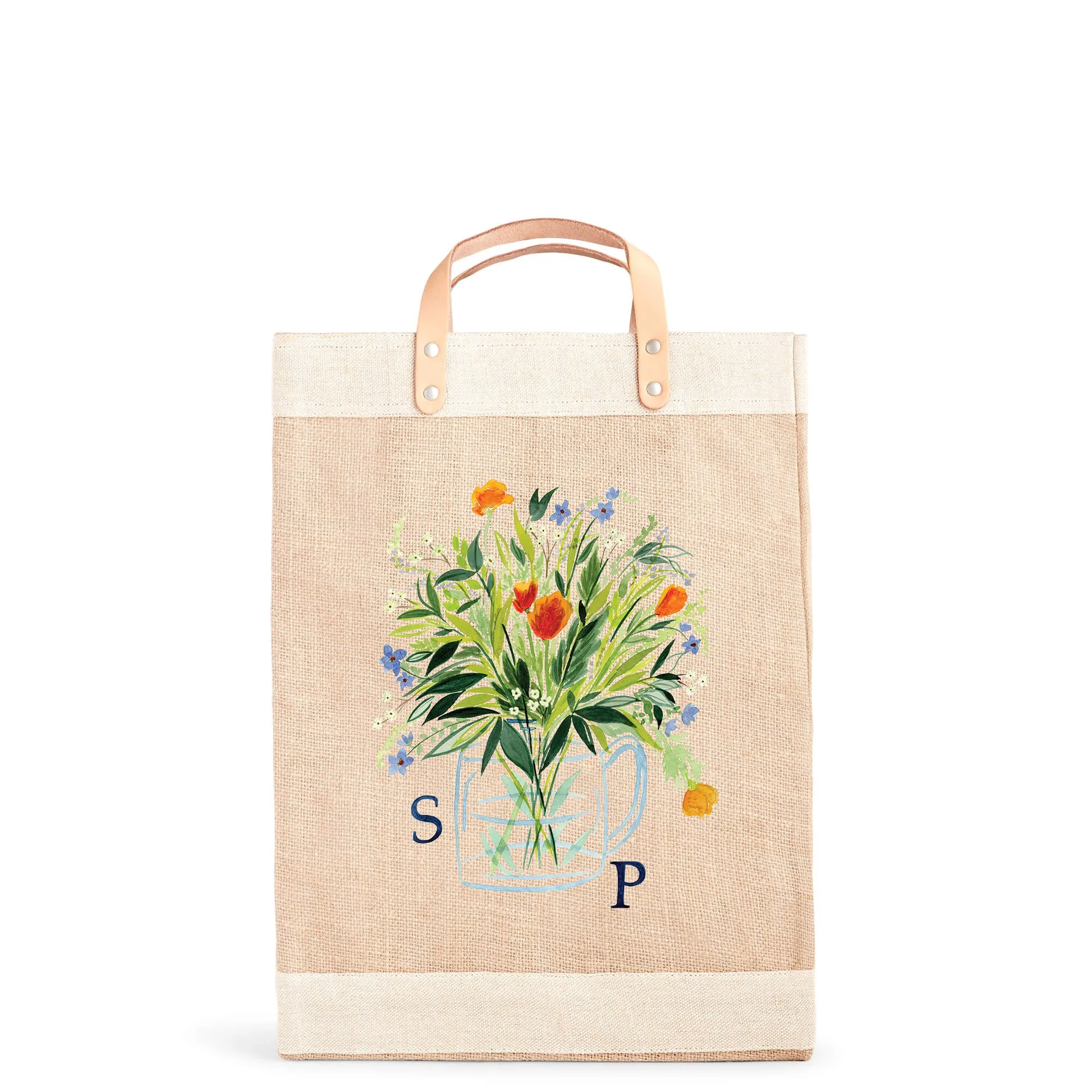 Market Bag in Natural Bouquet with Glass Vase by Amy Logsdon