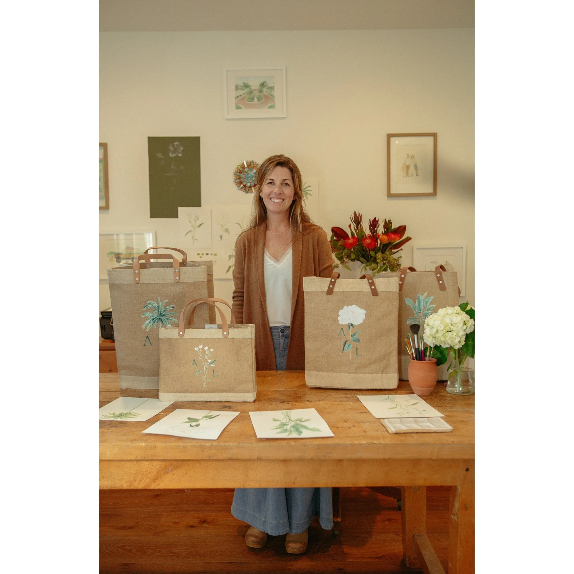 Market Bag in Natural Bouquet with Glass Vase by Amy Logsdon