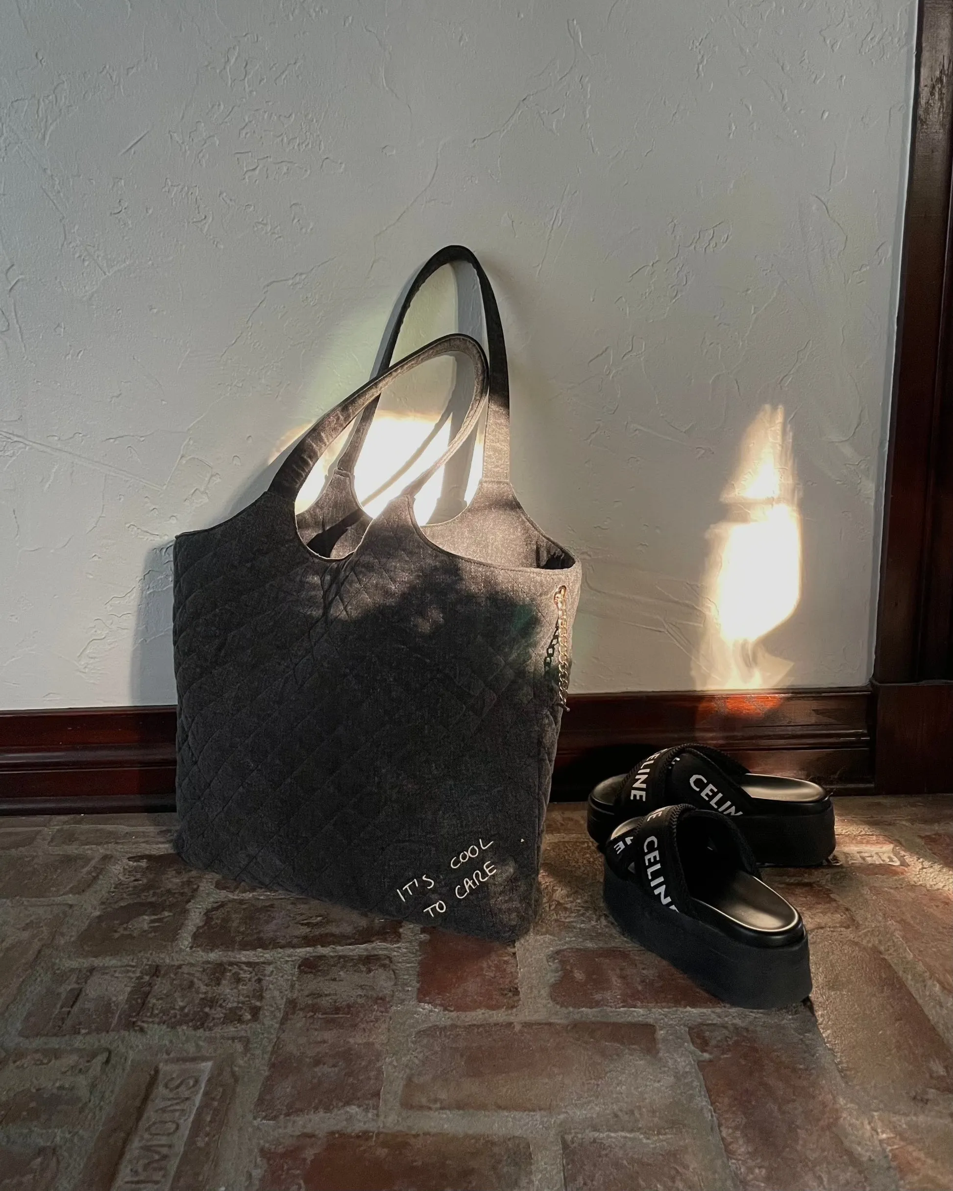 Maxi Quilted Denim Tote Bag Black