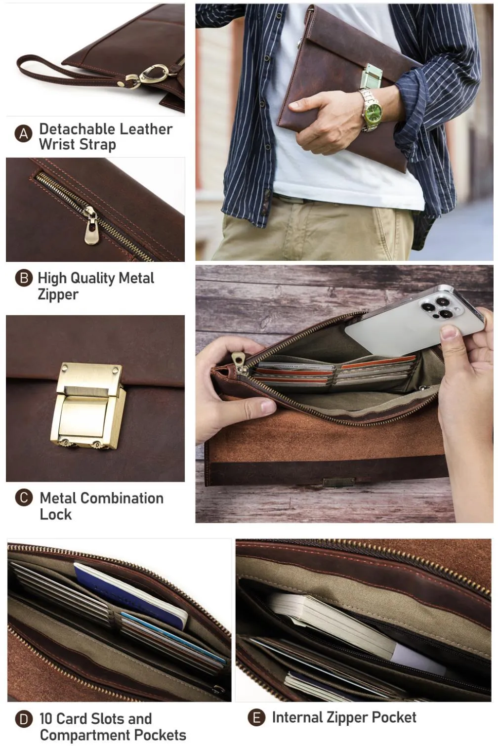 Men's Leather Hand Bag Clutch Bag Wallet Leather Purse Card Package Storage Bag For Gift