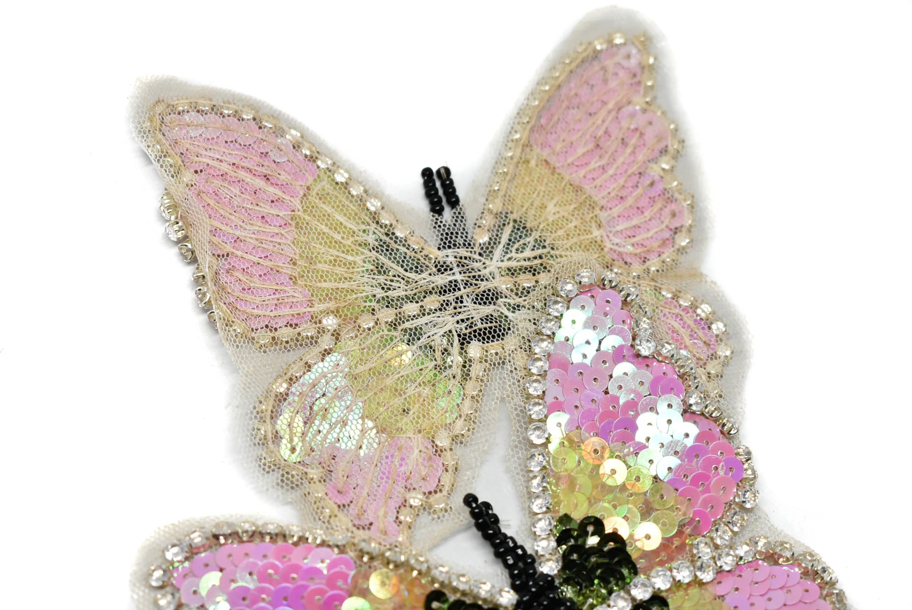 Pink Butterfly Applique | Pink Sequin Butterfly Applique | Rhinestone and Sequin Butterfly Applique | Pink and Yellow Butterfly Applique