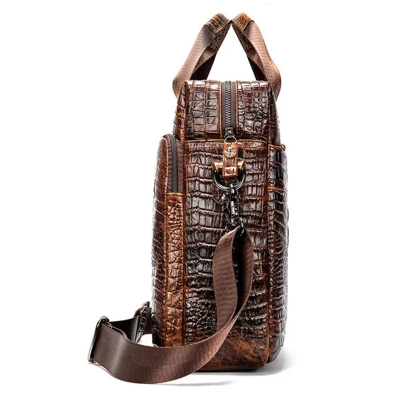 Retro Style Crocodile Textured Interior Pocket Detachable Sling Strap Laptop Bag