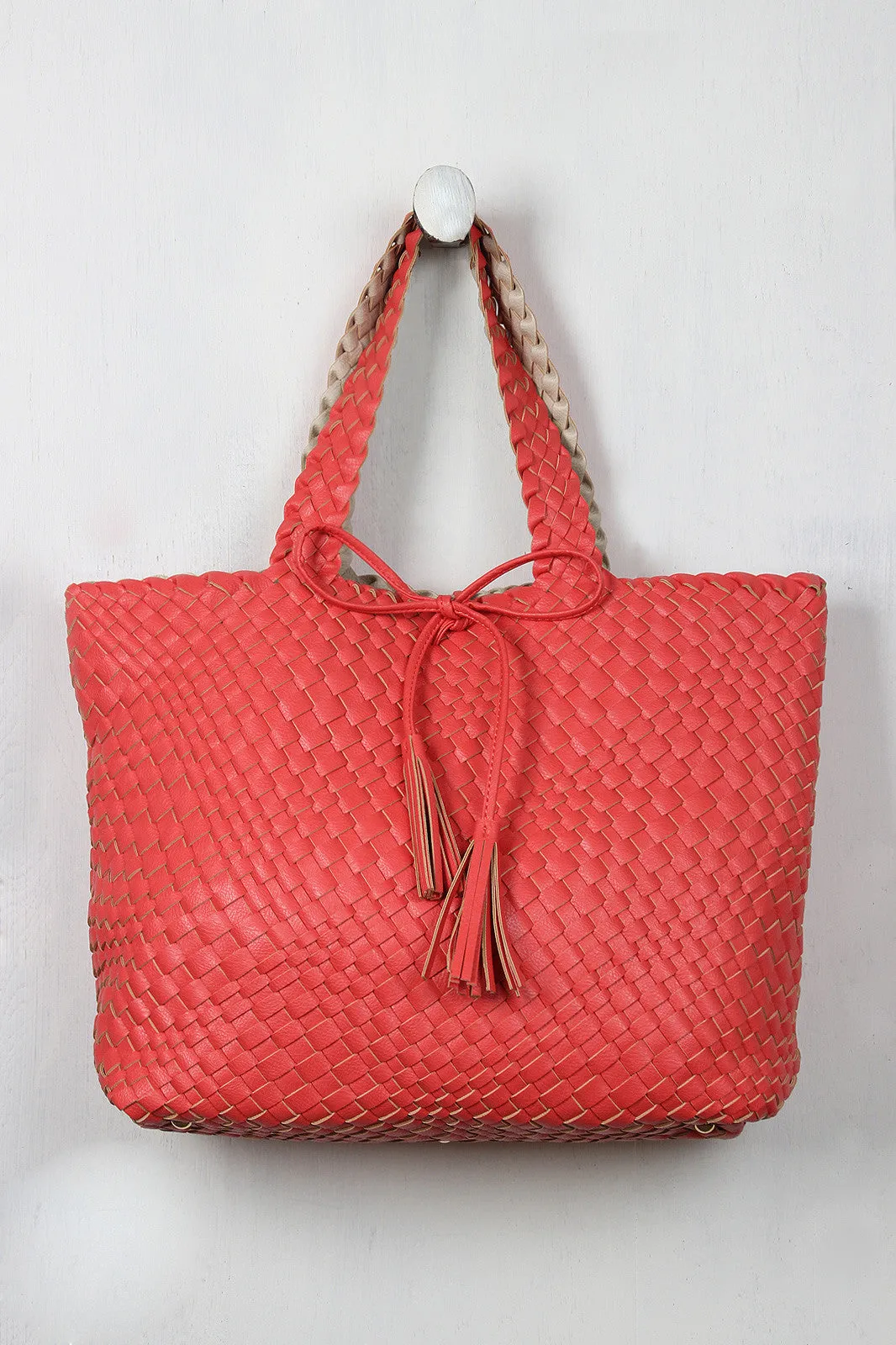 Reversible Woven Tassel Tie Tote Bag