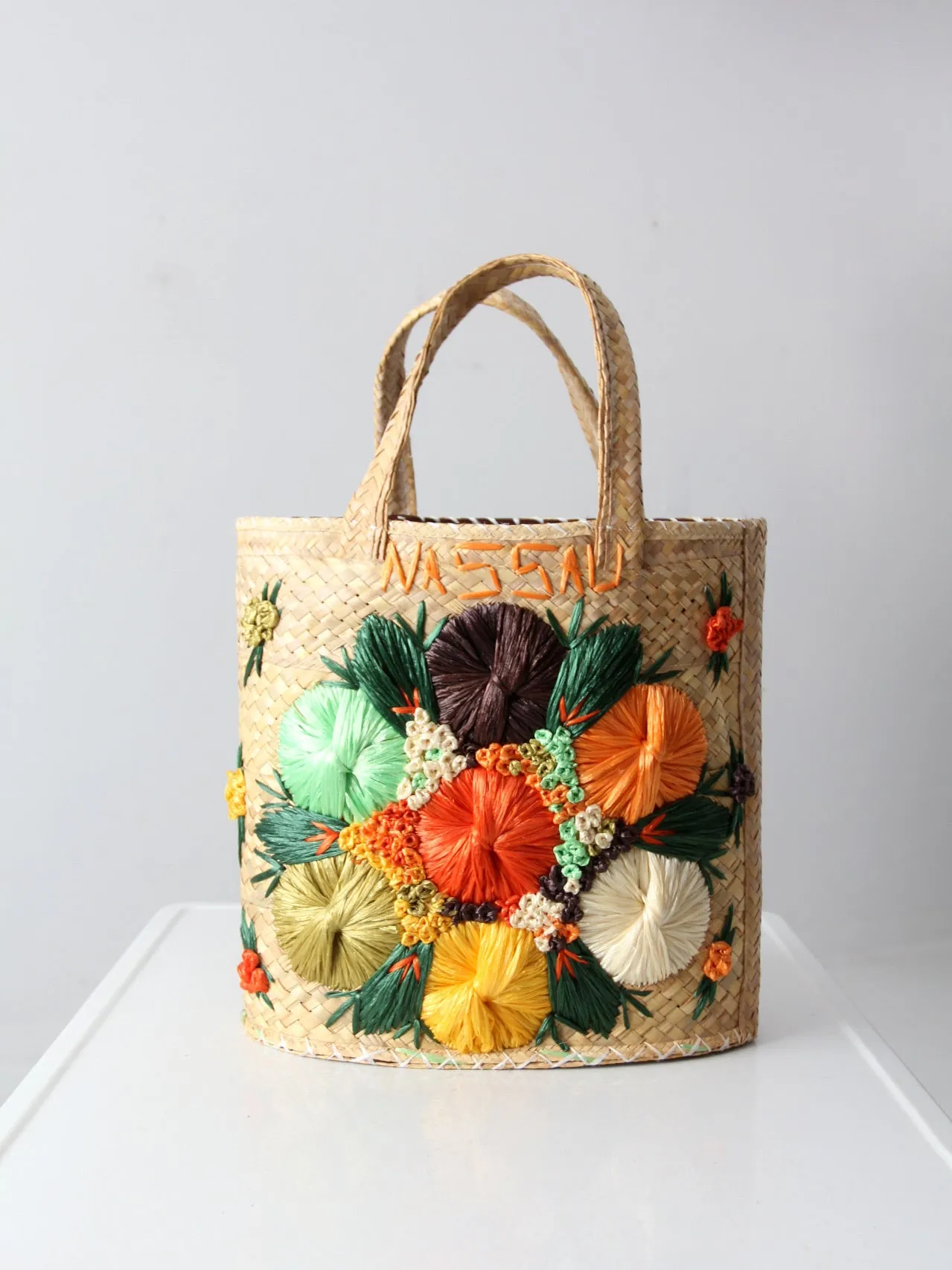 vintage Bahamas raffia & straw woven tote bag