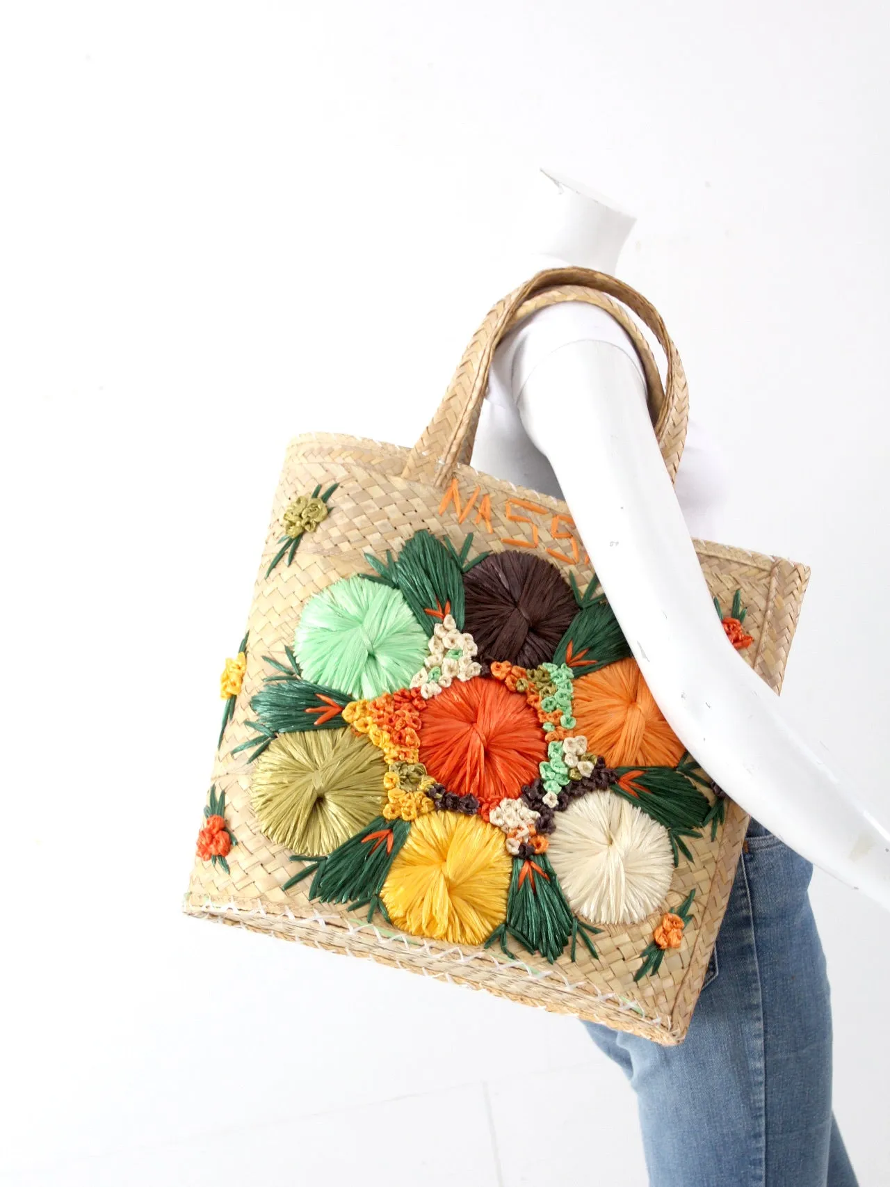 vintage Bahamas raffia & straw woven tote bag