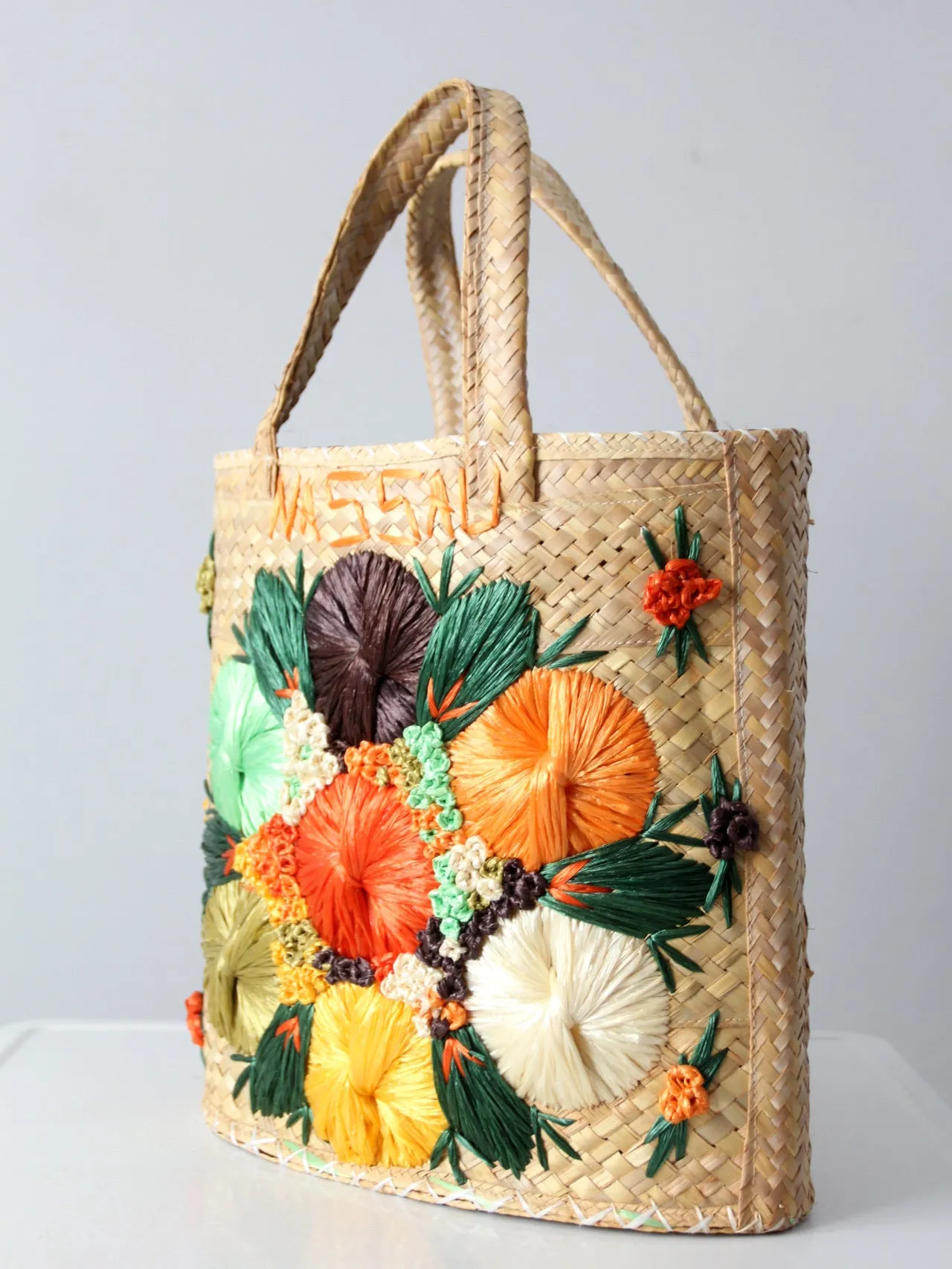 vintage Bahamas raffia & straw woven tote bag